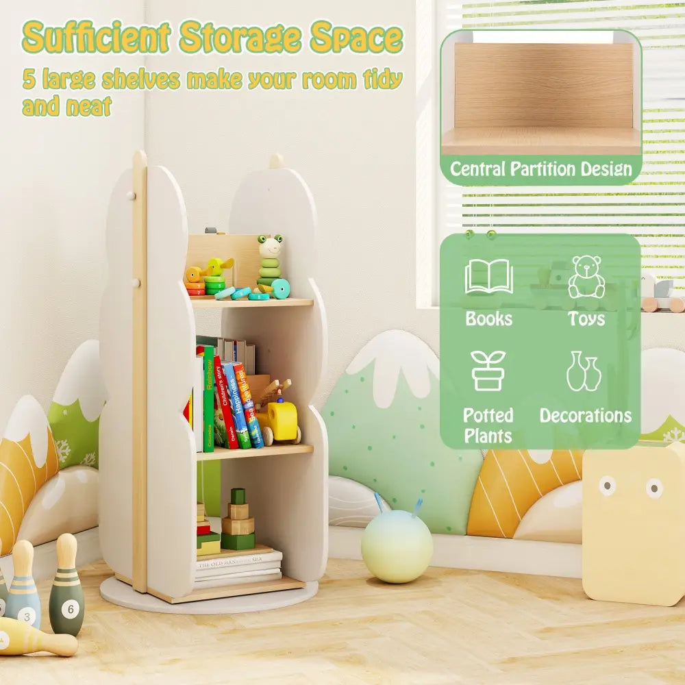 360° Kid’s Rotating Bookshelf Toy Storage Organizer with 5 Shelves-White - White - Kids Storage