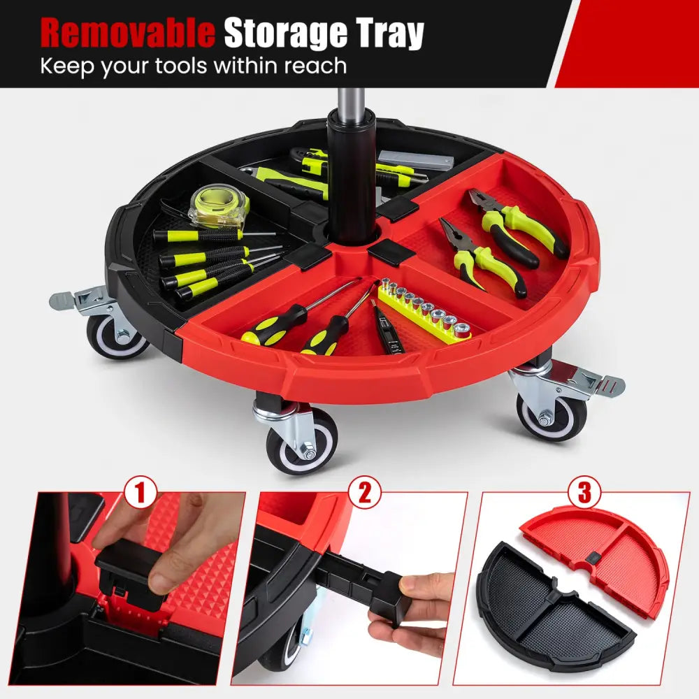 360° Rolling Mechanic Stool with 1 Tool Storage Tray-Red - Red - Garages
