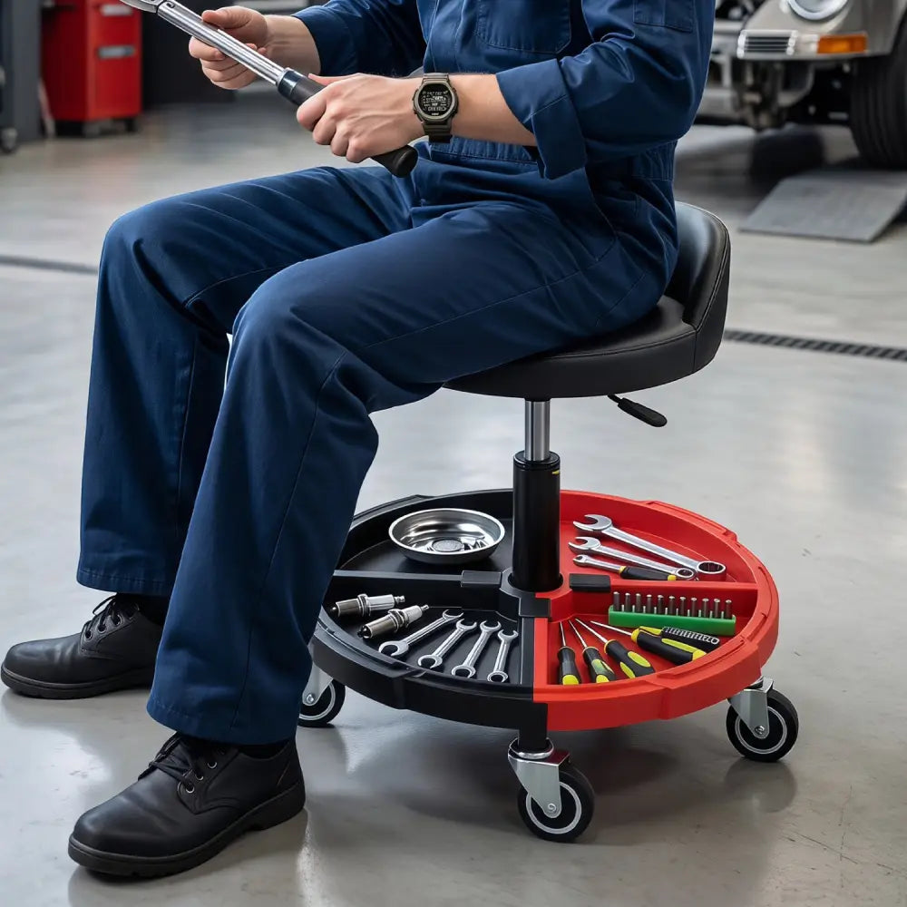 360° Rolling Mechanic Stool with 1 Tool Storage Tray-Red - Red - Garages