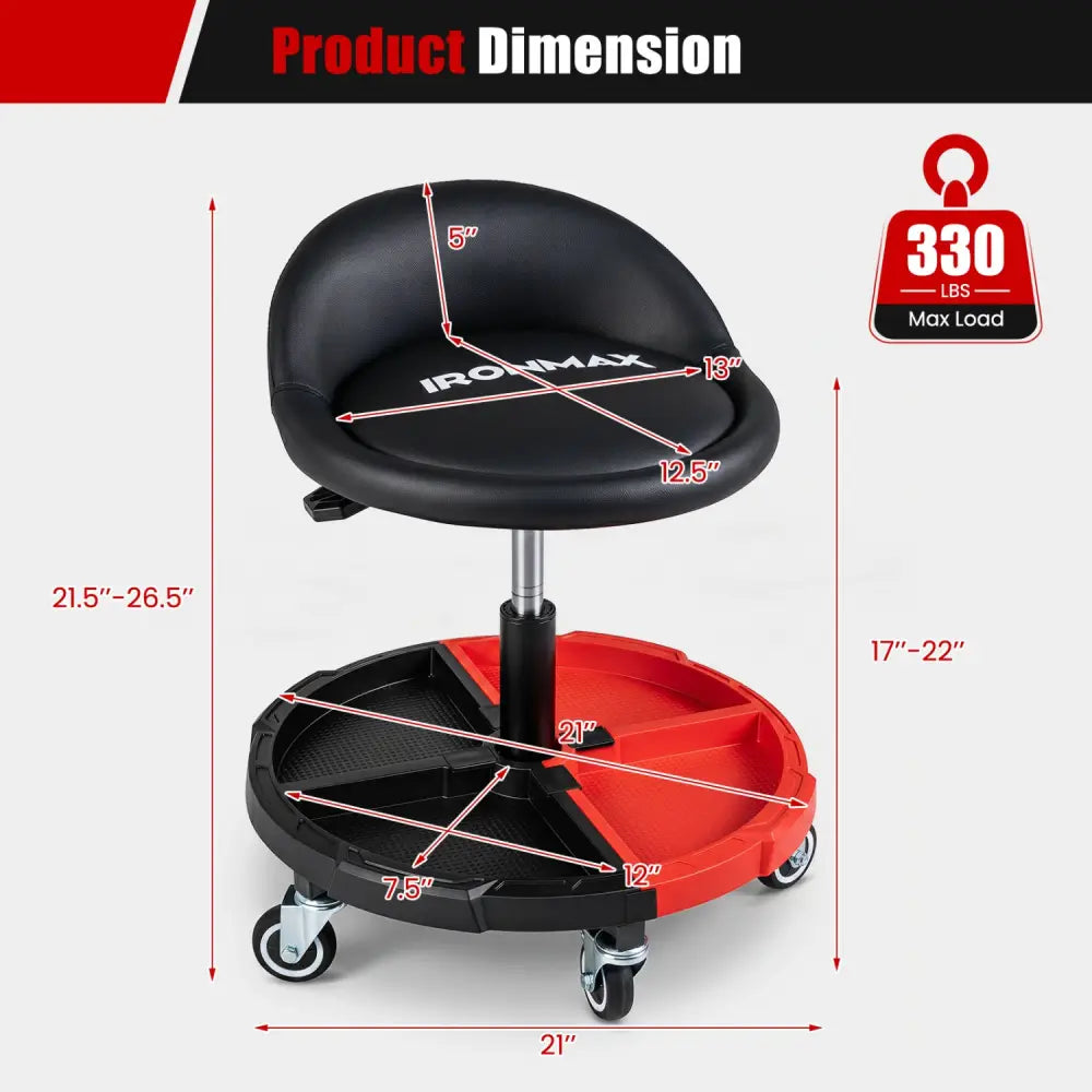360° Rolling Mechanic Stool with 1 Tool Storage Tray-Red - Red - Garages