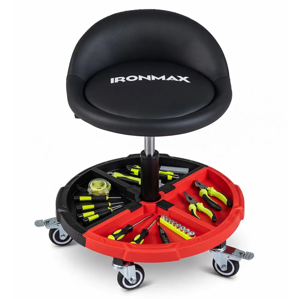 360° Rolling Mechanic Stool with 1 Tool Storage Tray-Red - Red - Garages