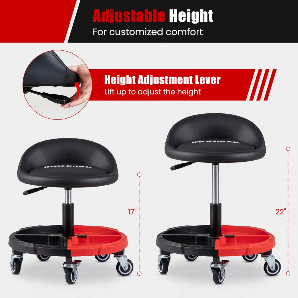 360° Rolling Mechanic Stool with 1 Tool Storage Tray-Red - Red - Garages
