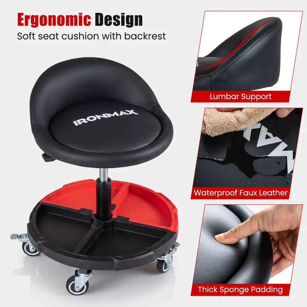 360° Rolling Mechanic Stool with 1 Tool Storage Tray-Red - Red - Garages