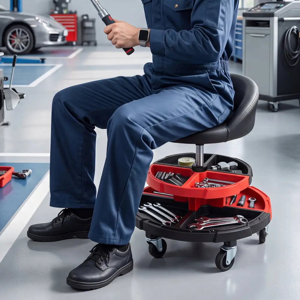 360° Rolling Mechanic Stool with 2 Tool Storage Trays-Red - Red - Garages