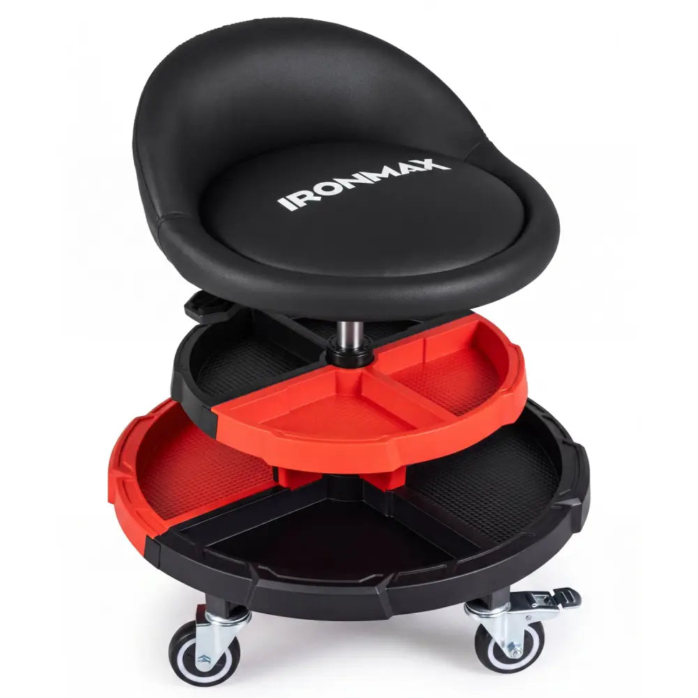 360° Rolling Mechanic Stool with 2 Tool Storage Trays-Red - Red - Garages