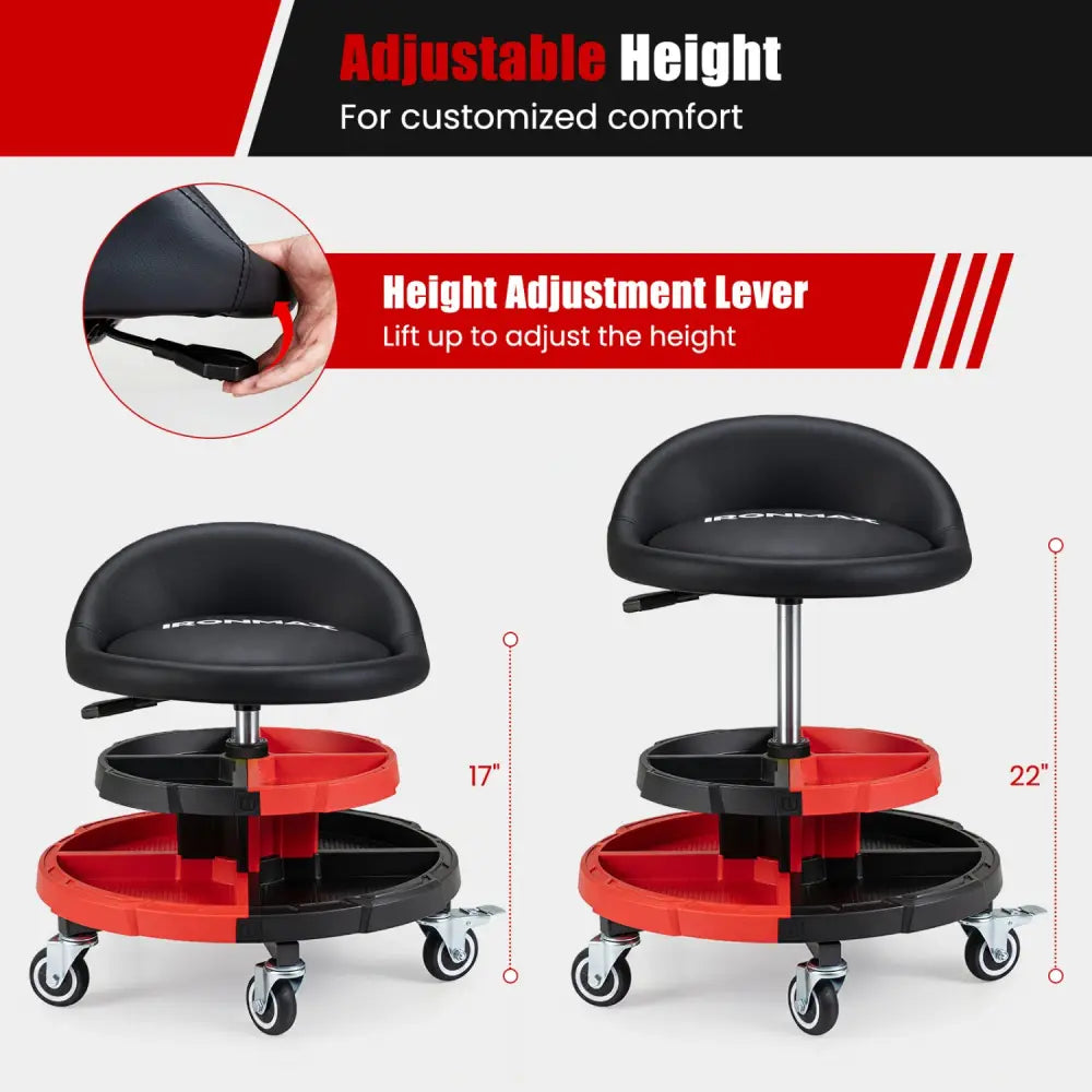 360° Rolling Mechanic Stool with 2 Tool Storage Trays-Red - Red - Garages