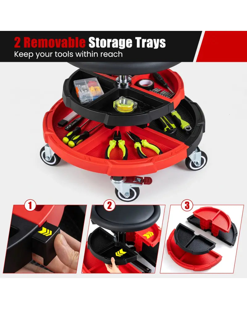 360° Rolling Mechanic Stool with 2 Tool Storage Trays-Red - Red - Garages
