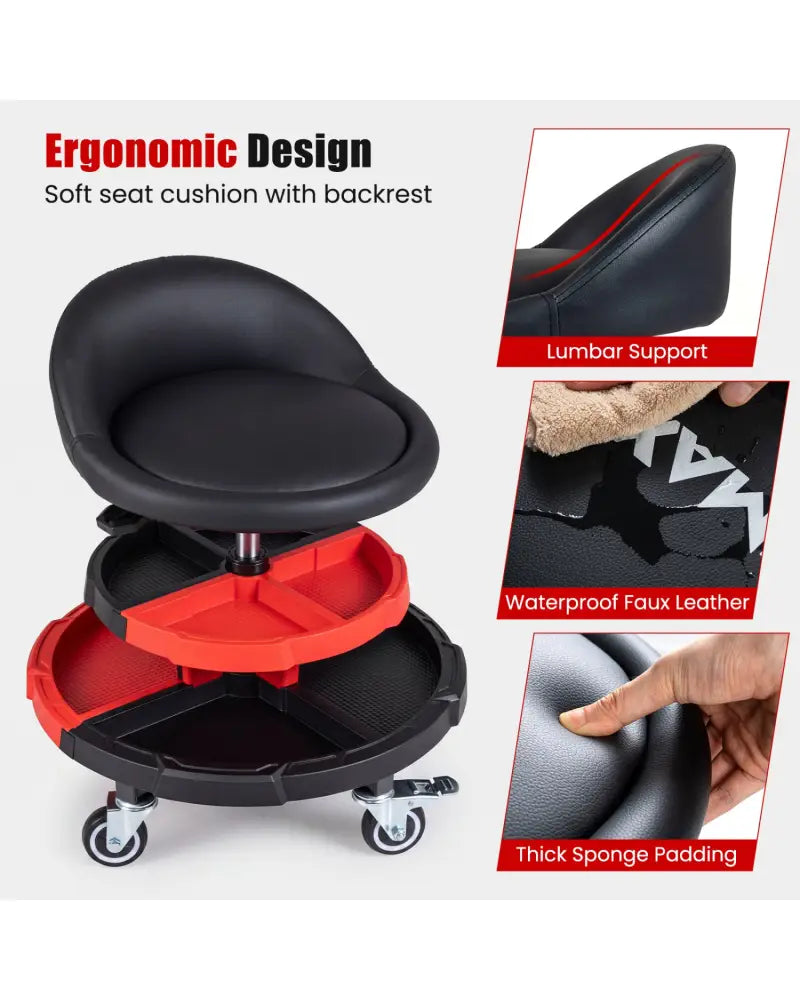 360° Rolling Mechanic Stool with 2 Tool Storage Trays-Red - Red - Garages