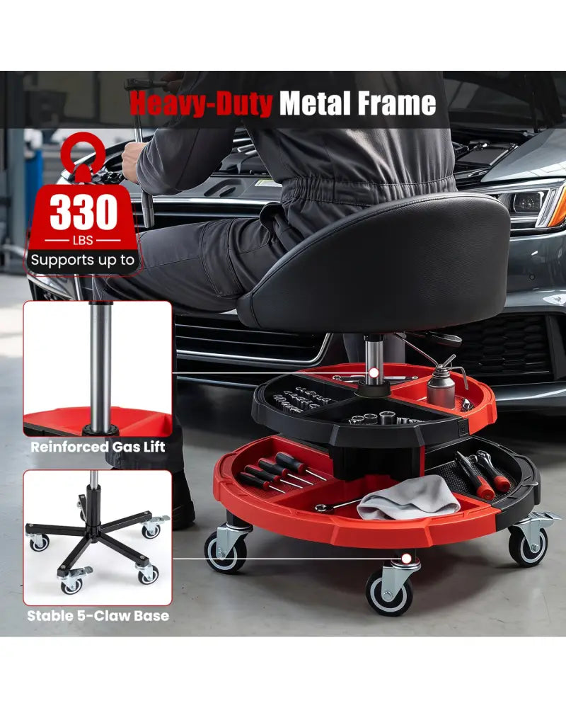 360° Rolling Mechanic Stool with 2 Tool Storage Trays-Red - Red - Garages