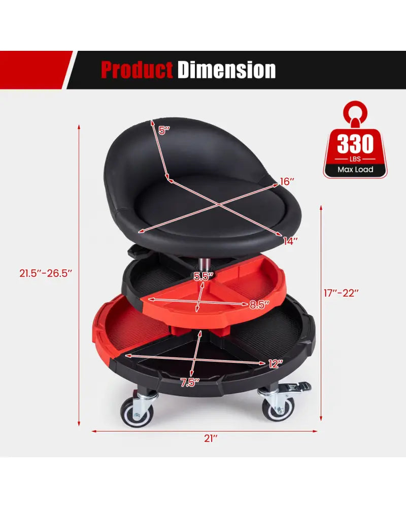 360° Rolling Mechanic Stool with 2 Tool Storage Trays-Red - Red - Garages