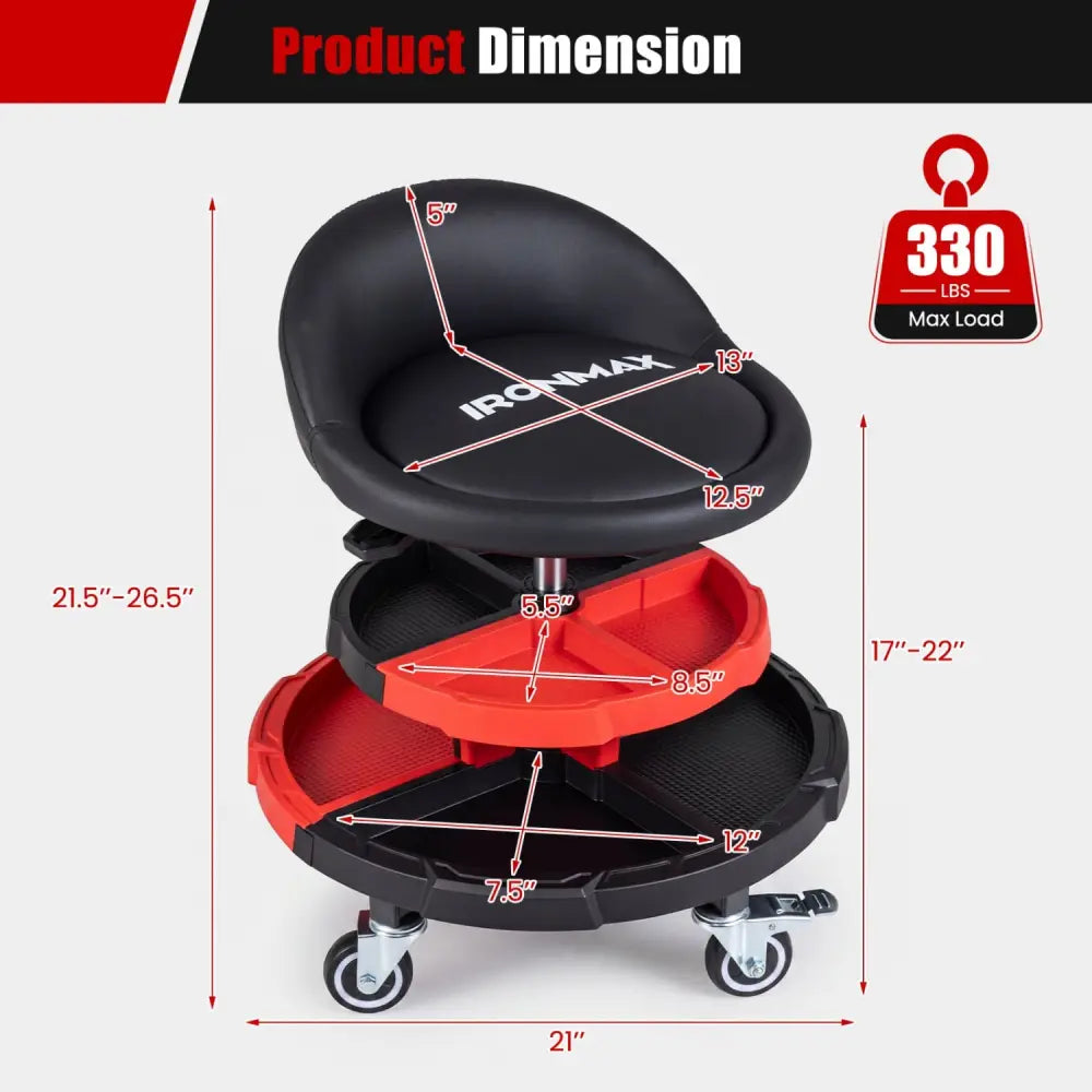 360° Rolling Mechanic Stool with 2 Tool Storage Trays-Red - Red - Garages