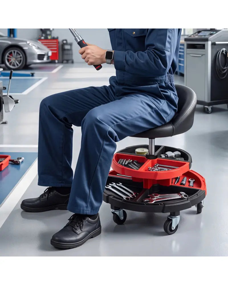 360° Rolling Mechanic Stool with 2 Tool Storage Trays-Red - Red - Garages