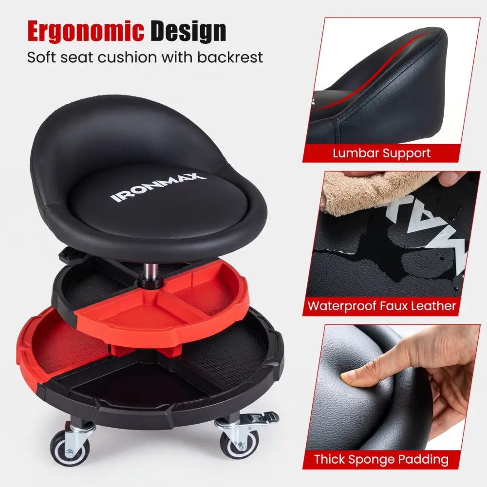 360° Rolling Mechanic Stool with 2 Tool Storage Trays-Red - Red - Garages