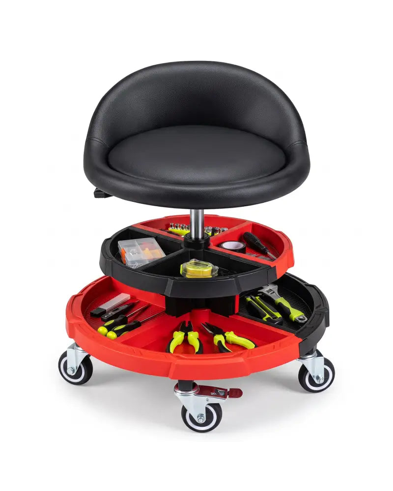 360° Rolling Mechanic Stool with 2 Tool Storage Trays-Red - Red - Garages