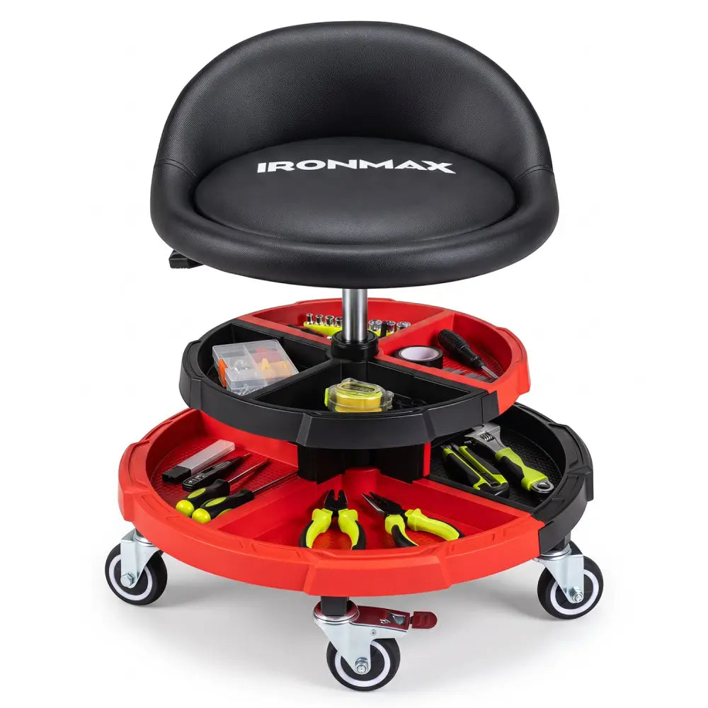 360° Rolling Mechanic Stool with 2 Tool Storage Trays-Red - Red - Garages