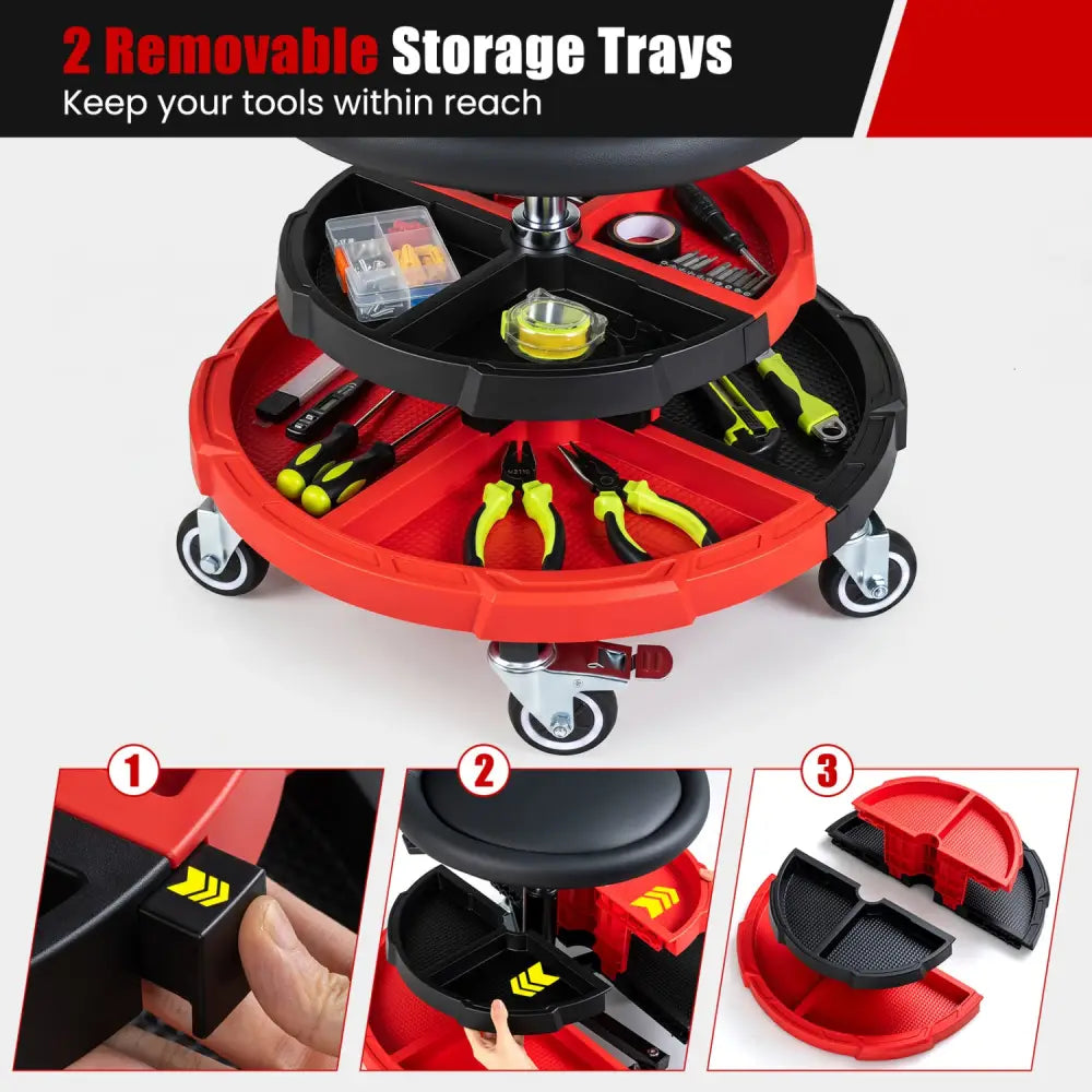 360° Rolling Mechanic Stool with 2 Tool Storage Trays-Red - Red - Garages