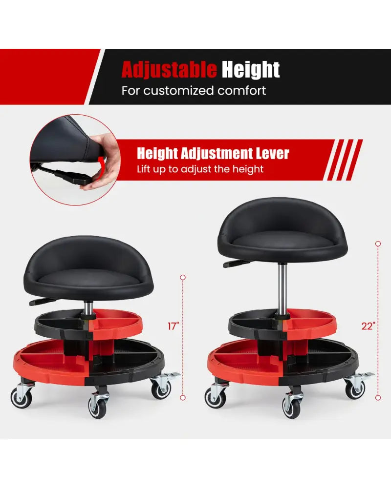 360° Rolling Mechanic Stool with 2 Tool Storage Trays-Red - Red - Garages
