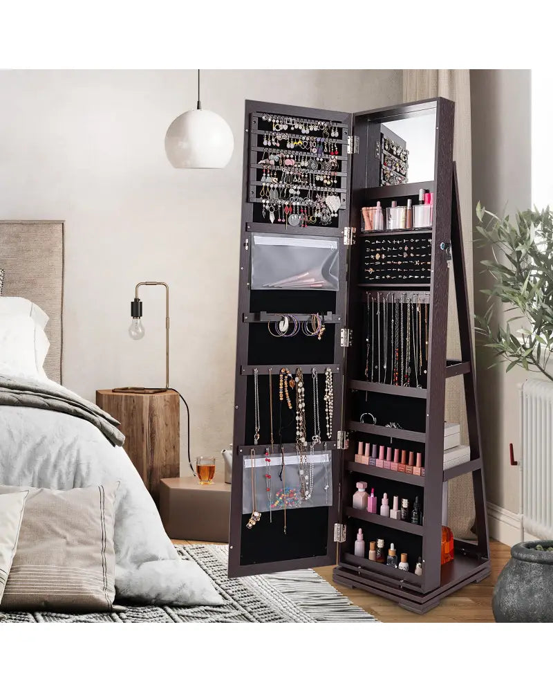 360° Rotatable 2-in-1 Lockable Jewelry Cabinet with Full-Length Mirror-Dark Brown - Dark Brown - Jewelry Armoires
