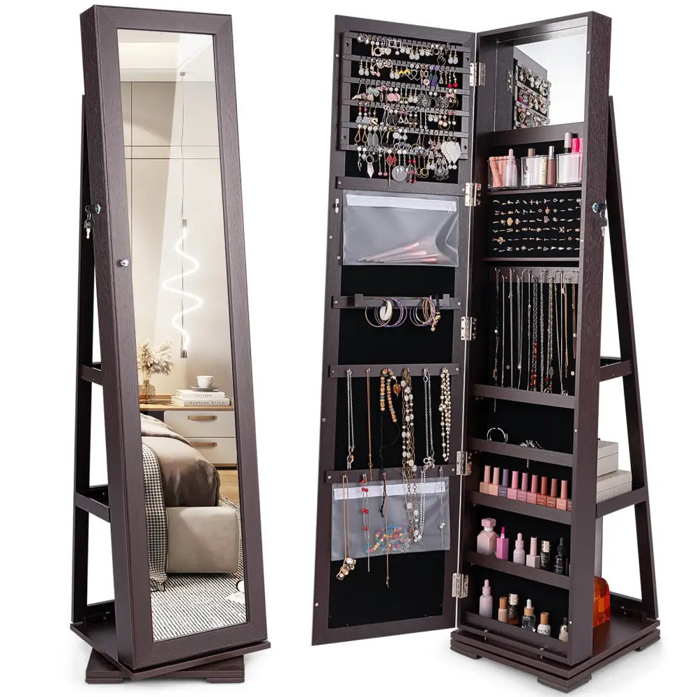 Jewelry armoire with mirror and multiple compartments on a white background