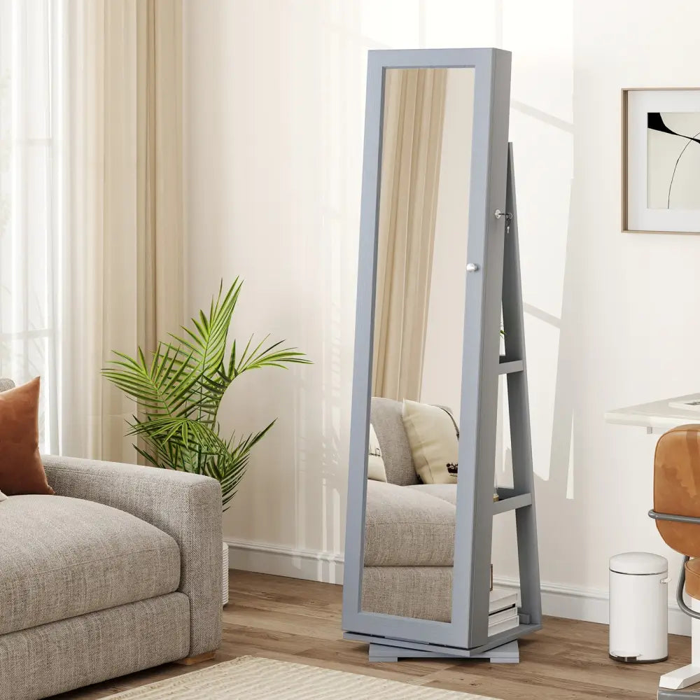 360° Rotatable 2-in-1 Lockable Jewelry Cabinet with Full-Length Mirror-Gray - Gray - Jewelry Armoires