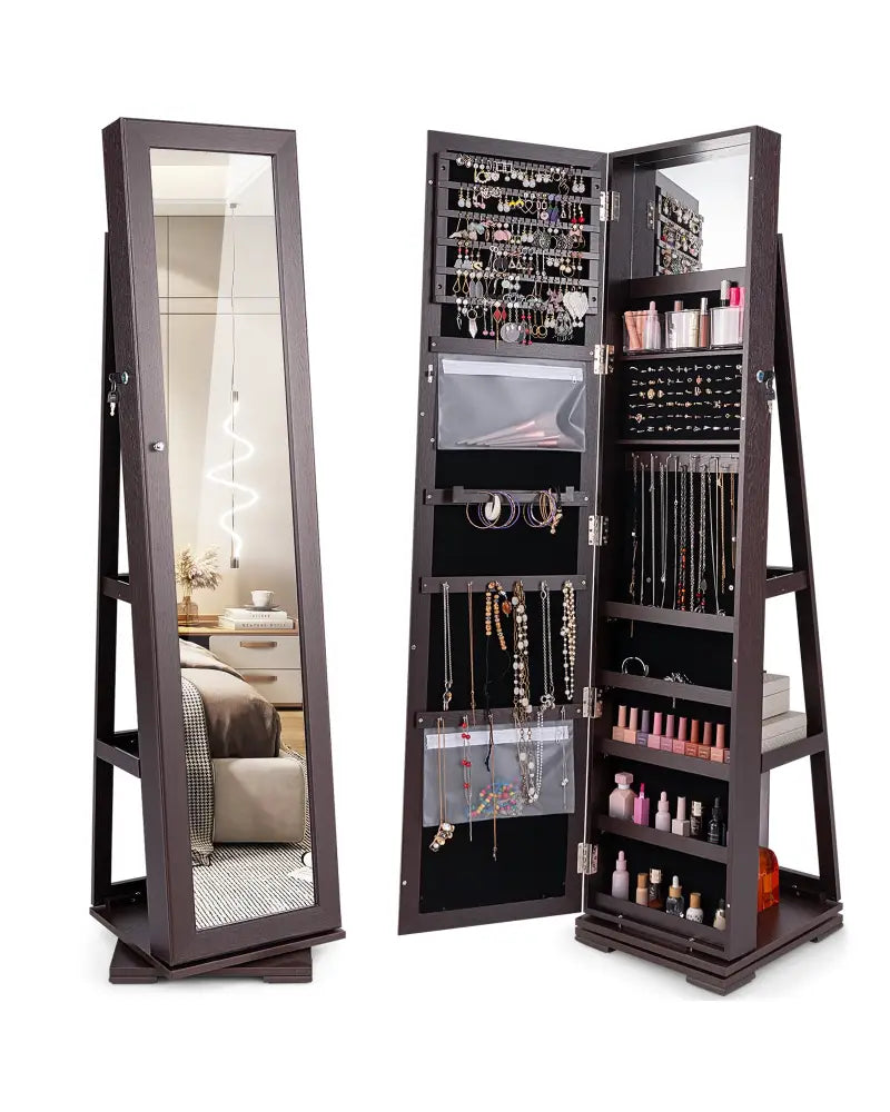 360° Rotatable 2-in-1 Lockable Jewelry Cabinet with Full-Length Mirror-Dark Brown - Dark Brown - Jewelry Armoires