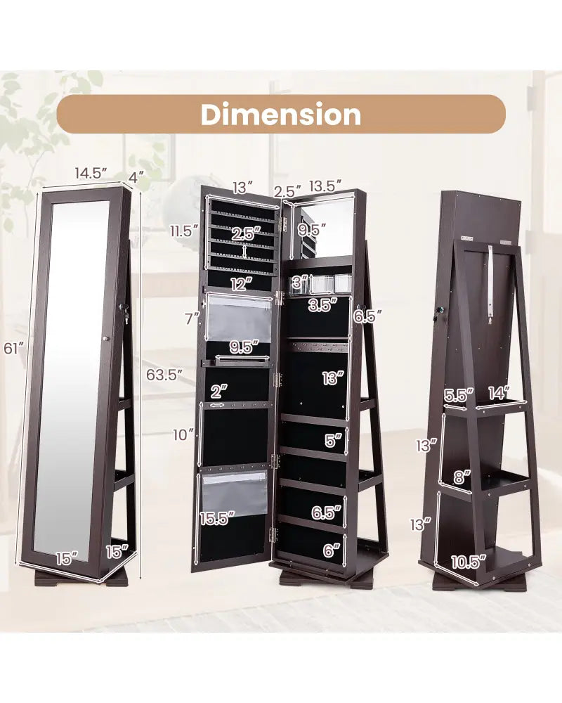 360° Rotatable 2-in-1 Lockable Jewelry Cabinet with Full-Length Mirror-Dark Brown - Dark Brown - Jewelry Armoires