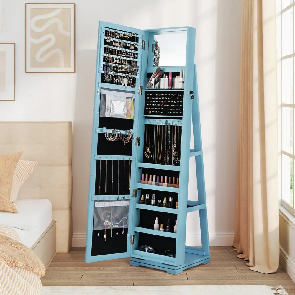 360° Rotatable 2-in-1 Lockable Jewelry Cabinet with Full-Length Mirror-Blue - Blue - Jewelry Armoires