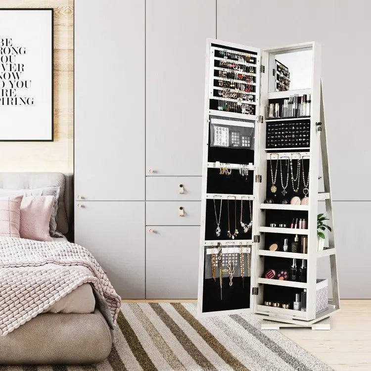 360° Rotatable 2 in 1 Lockable Jewelry Cabinet with Full Length Mirror - White - Oasis Home Essentials