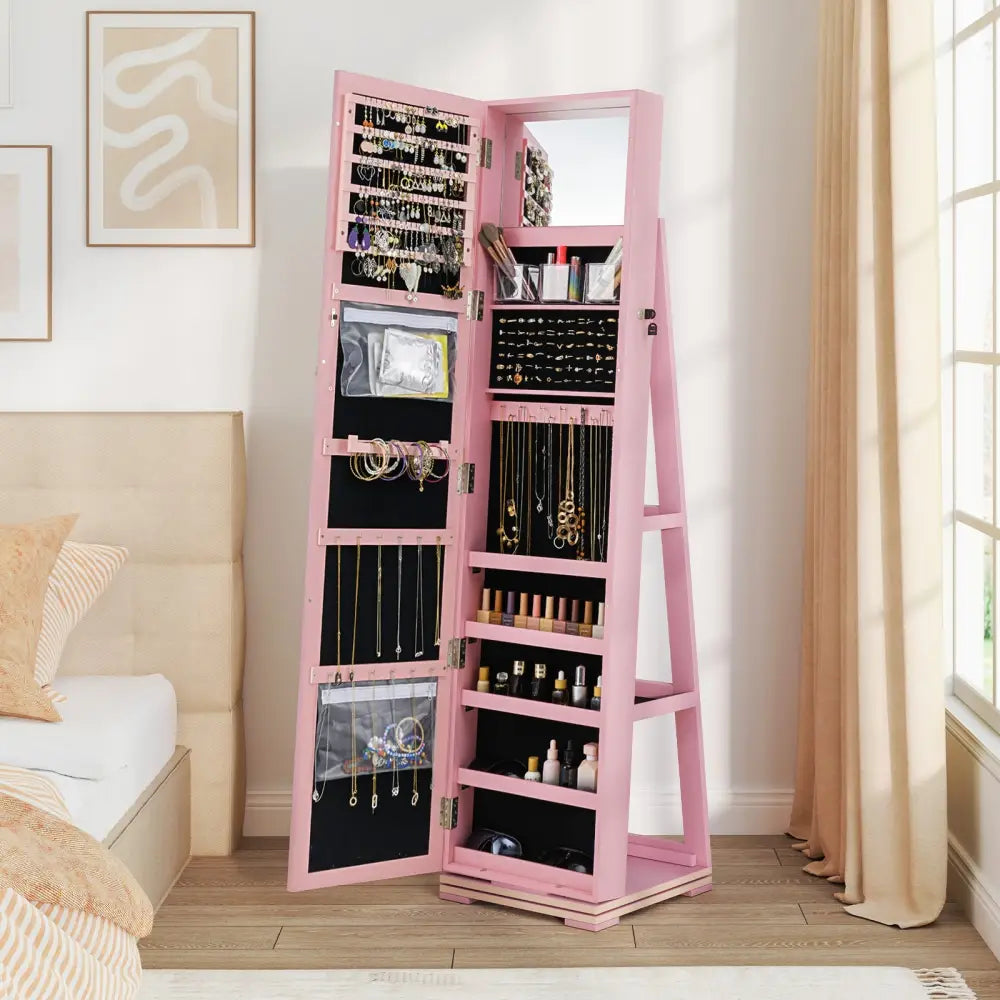 360° Rotatable 2-in-1 Lockable Jewelry Cabinet with Full-Length Mirror-Pink - Pink - Jewelry Armoires