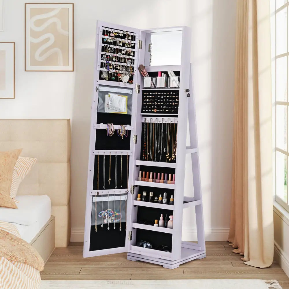 360° Rotatable 2-in-1 Lockable Jewelry Cabinet with Full-Length Mirror-Purple - Purple - Jewelry Armoires
