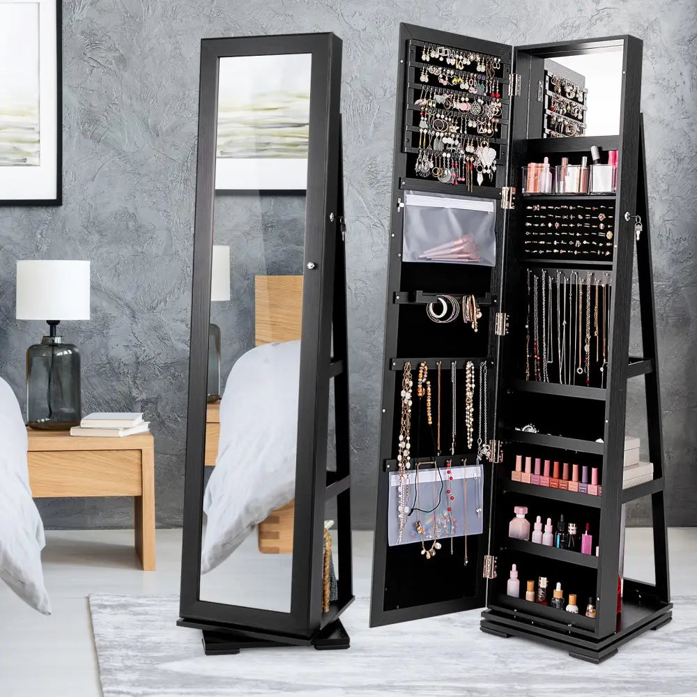 360° Rotatable 2-in-1 Lockable Jewelry Cabinet with Full-Length Mirror-Black - Black - Jewelry Armoires