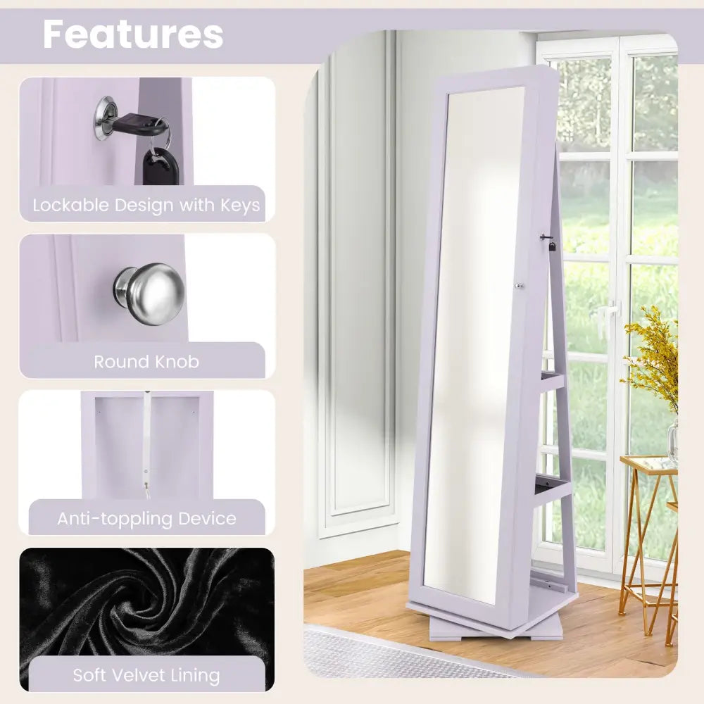 360° Rotatable 2-in-1 Lockable Jewelry Cabinet with Full-Length Mirror-Purple - Purple - Jewelry Armoires