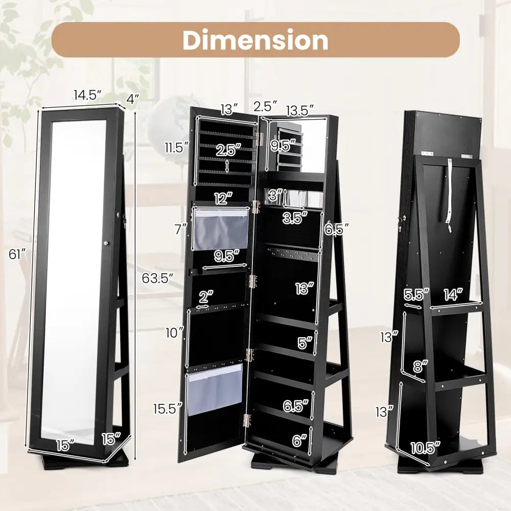 360° Rotatable 2-in-1 Lockable Jewelry Cabinet with Full-Length Mirror-Black - Black - Jewelry Armoires