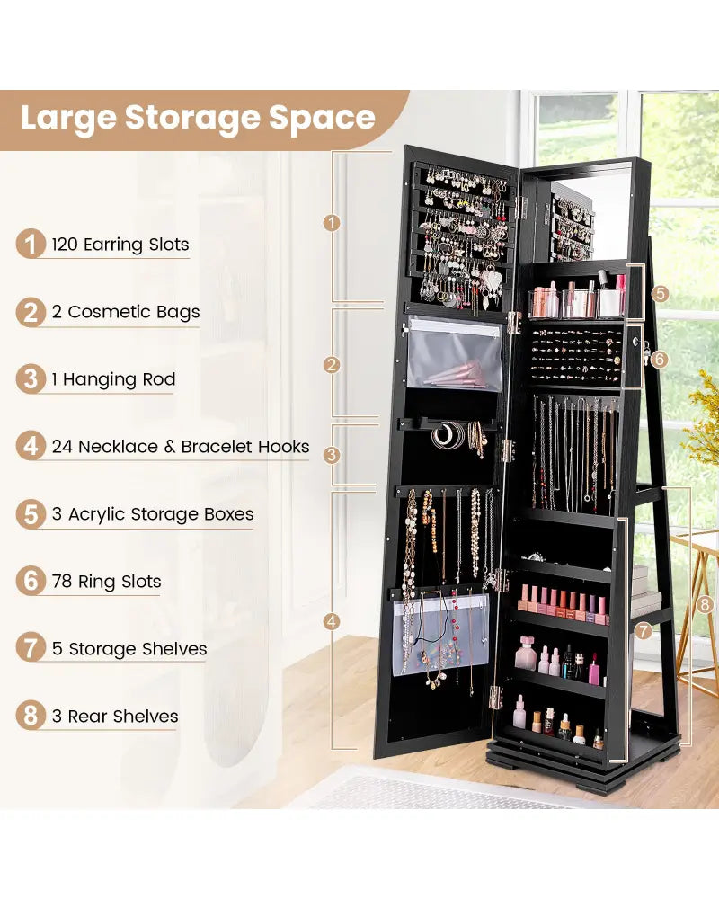 360° Rotatable 2-in-1 Lockable Jewelry Cabinet with Full-Length Mirror-Black - Black - Jewelry Armoires