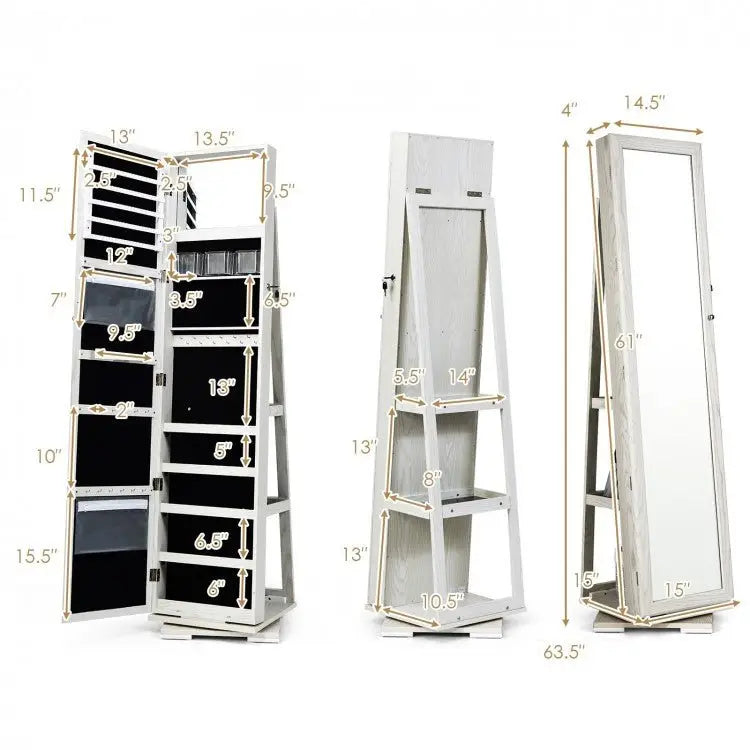 360° Rotatable 2 in 1 Lockable Jewelry Cabinet with Full Length Mirror - White - Oasis Home Essentials