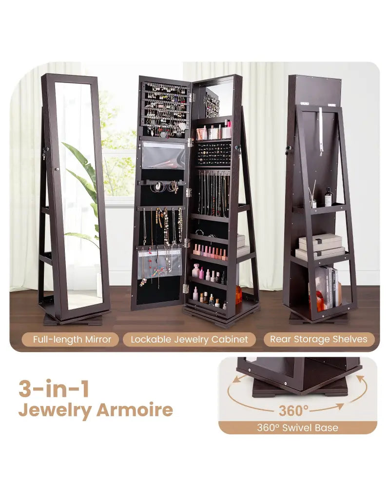 360° Rotatable 2-in-1 Lockable Jewelry Cabinet with Full-Length Mirror-Dark Brown - Dark Brown - Jewelry Armoires