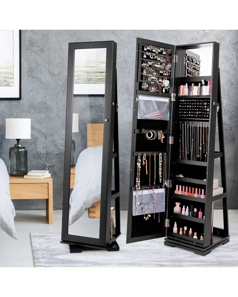 360° Rotatable 2-in-1 Lockable Jewelry Cabinet with Full-Length Mirror-Black - Black - Jewelry Armoires