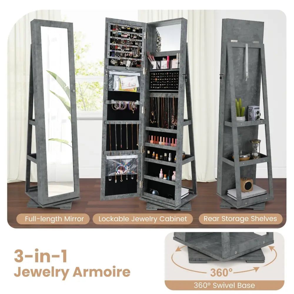 360° Rotatable 2-in-1 Lockable Jewelry Cabinet with Full-Length Mirror-Green - Green - Jewelry Armoires