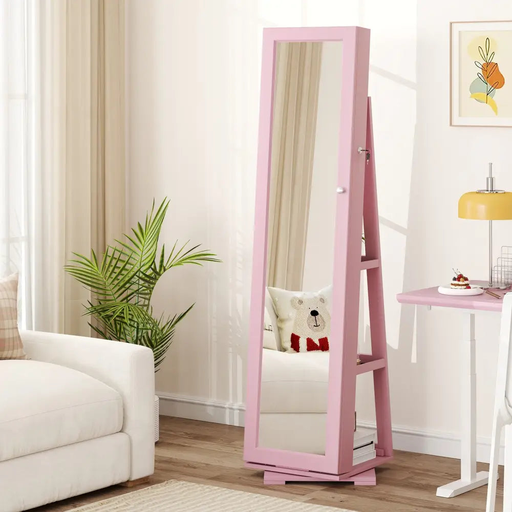 360° Rotatable 2-in-1 Lockable Jewelry Cabinet with Full-Length Mirror-Pink - Pink - Jewelry Armoires