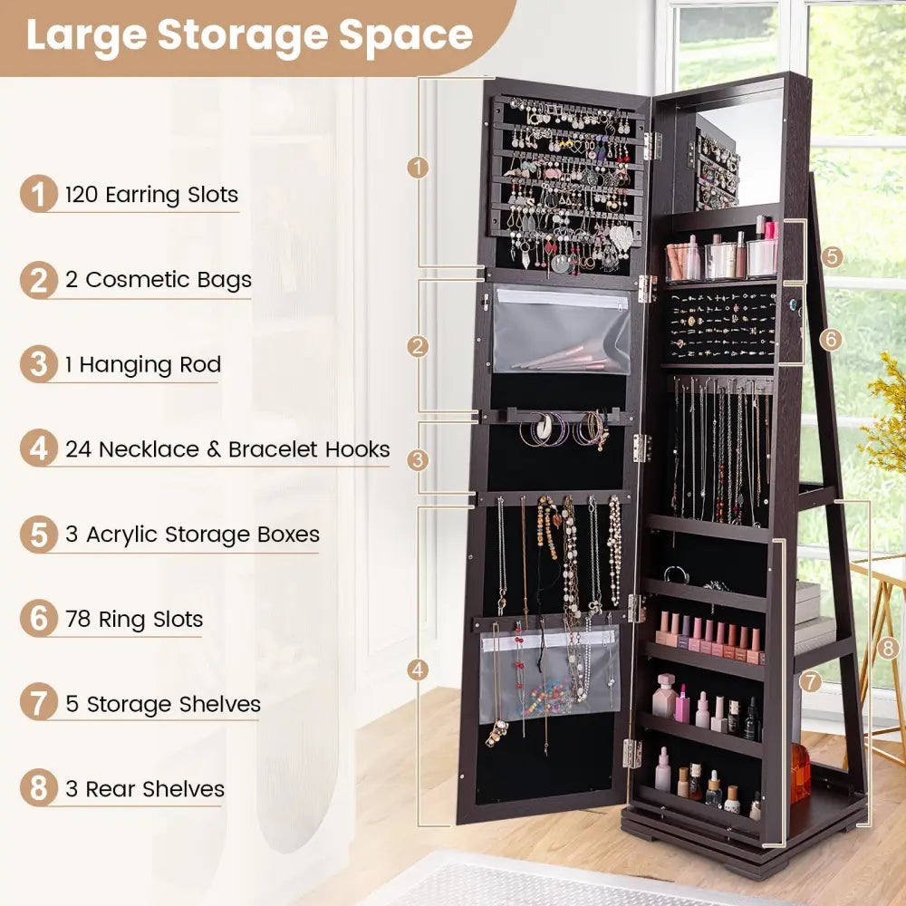 360° Rotatable 2-in-1 Lockable Jewelry Cabinet with Full-Length Mirror-Dark Brown Costway
