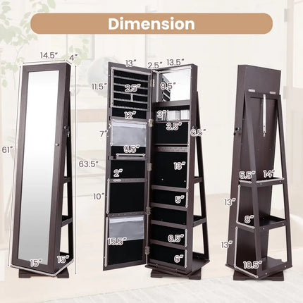Jewelry armoire with open doors showing dimensions on a white background