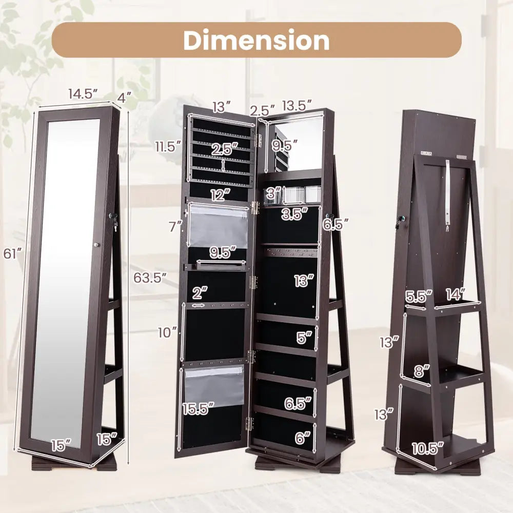 Jewelry armoire with open doors showing dimensions on a white background
