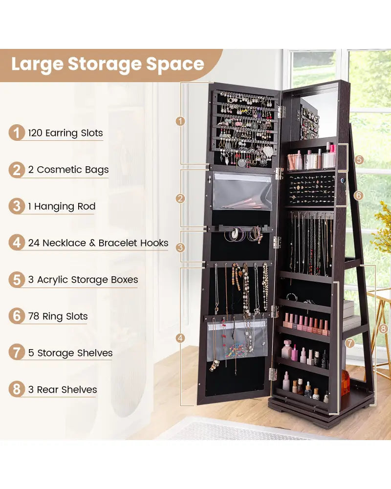 360° Rotatable 2-in-1 Lockable Jewelry Cabinet with Full-Length Mirror-Dark Brown - Dark Brown - Jewelry Armoires