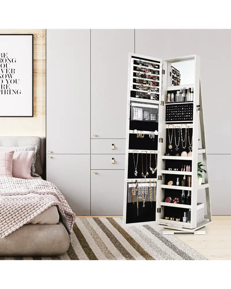 360° Rotatable 2-in-1 Lockable Jewelry Cabinet with Full-Length Mirror-White - White - Jewelry Armoires