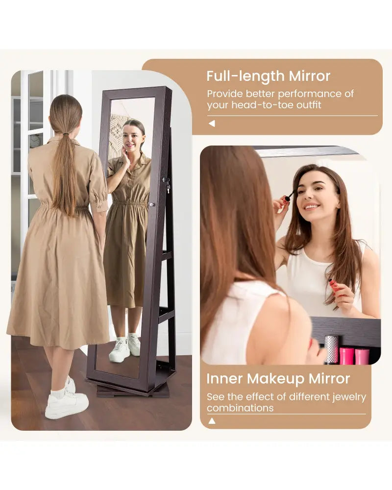 360° Rotatable 2-in-1 Lockable Jewelry Cabinet with Full-Length Mirror-Dark Brown - Dark Brown - Jewelry Armoires
