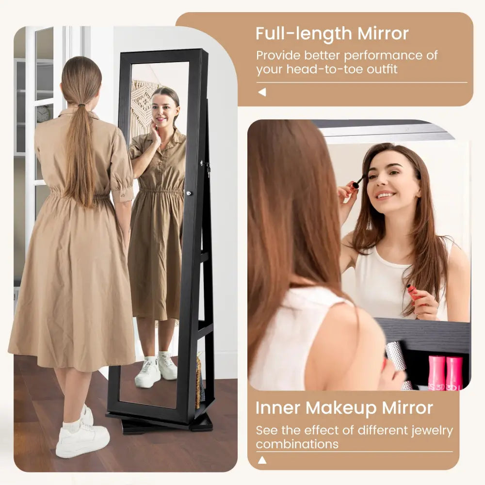 360° Rotatable 2-in-1 Lockable Jewelry Cabinet with Full-Length Mirror-Black - Black - Jewelry Armoires