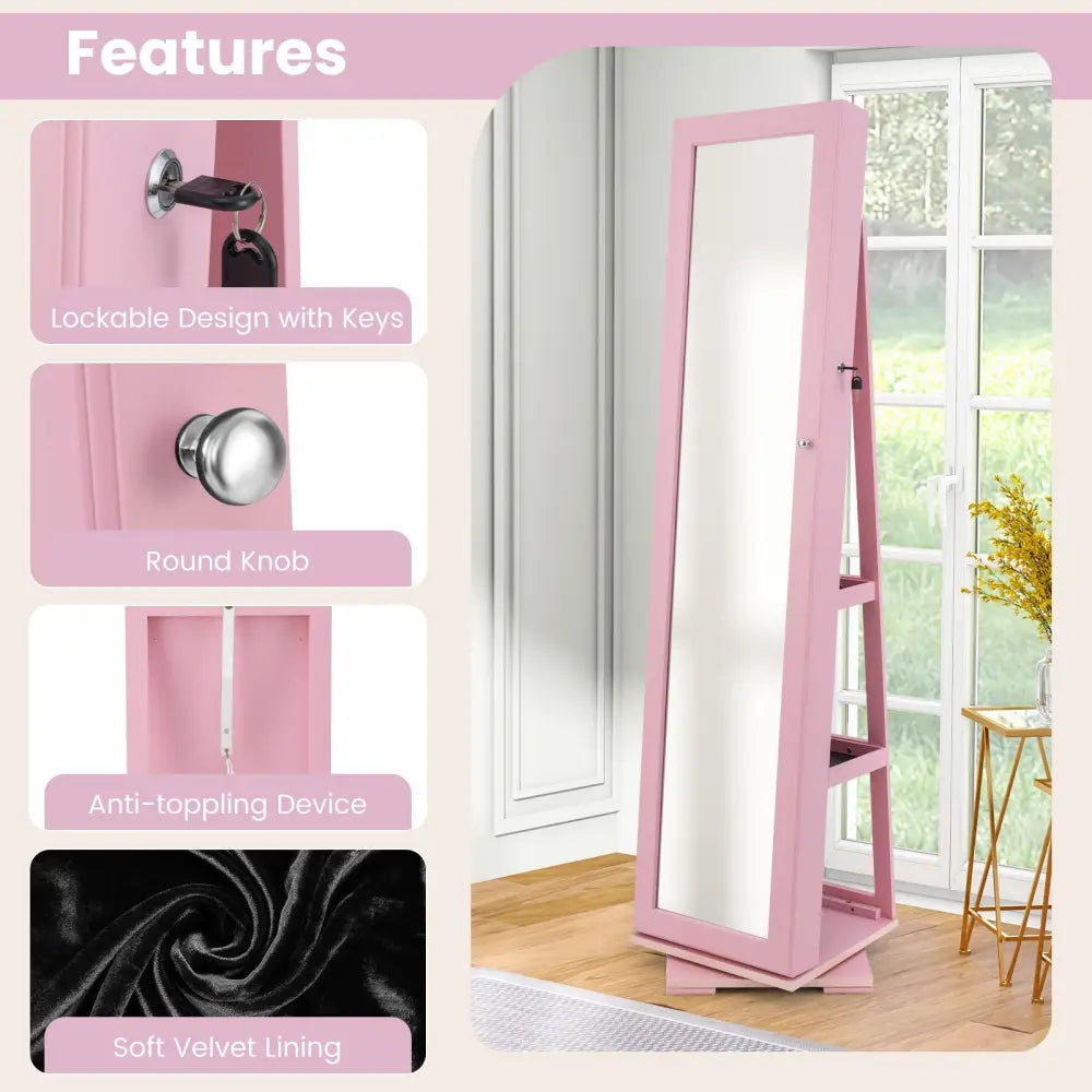 360° Rotatable 2-in-1 Lockable Jewelry Cabinet with Full-Length Mirror-Pink - Pink - Jewelry Armoires
