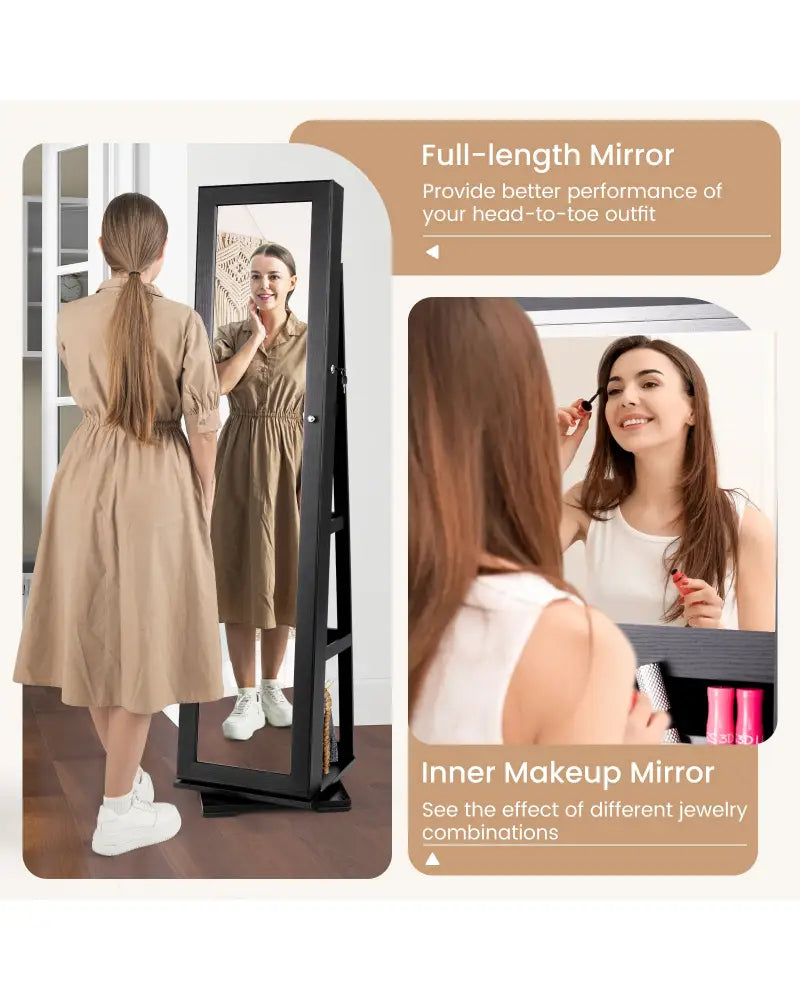 360° Rotatable 2-in-1 Lockable Jewelry Cabinet with Full-Length Mirror-Black - Black - Jewelry Armoires