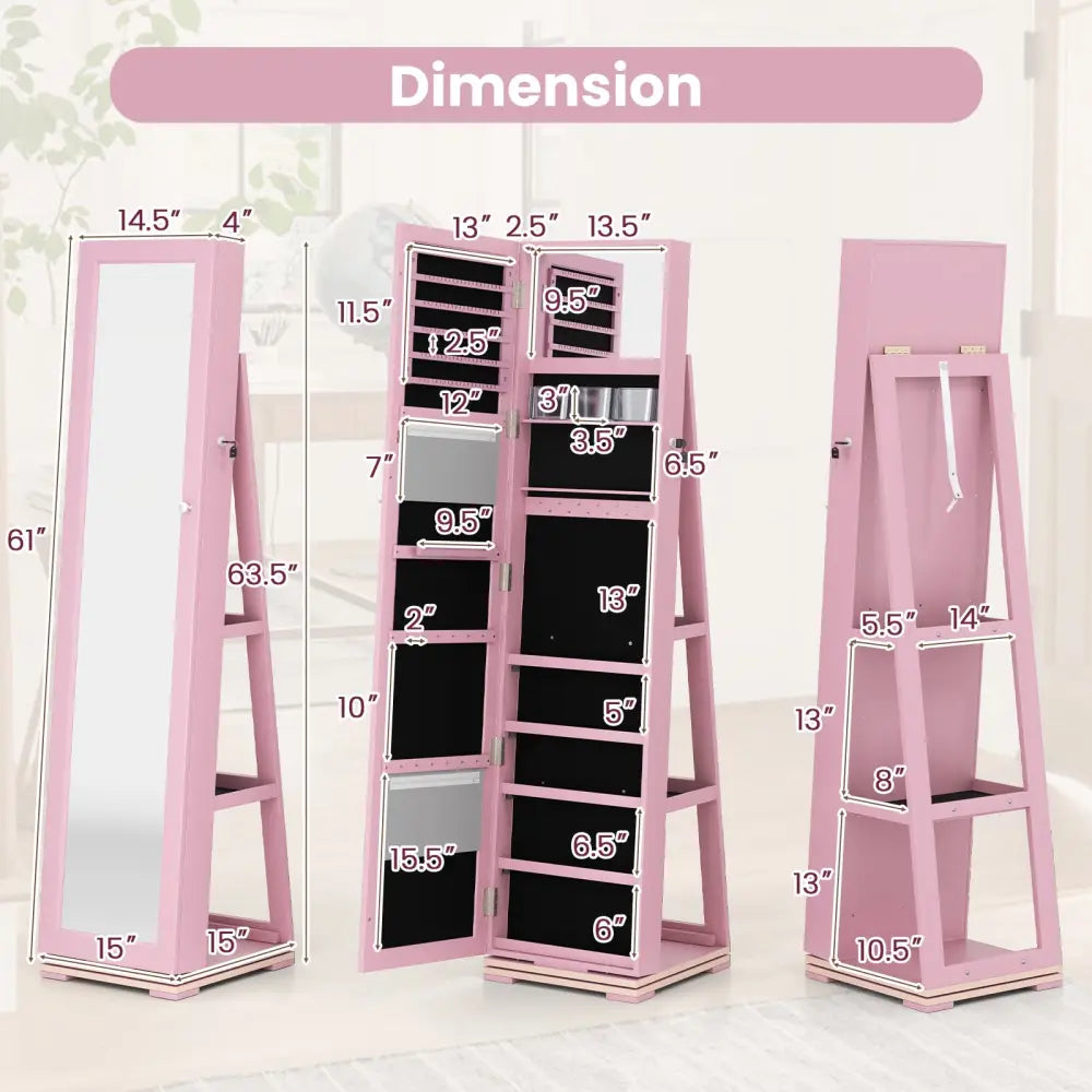 360° Rotatable 2-in-1 Lockable Jewelry Cabinet with Full-Length Mirror-Pink - Pink - Jewelry Armoires