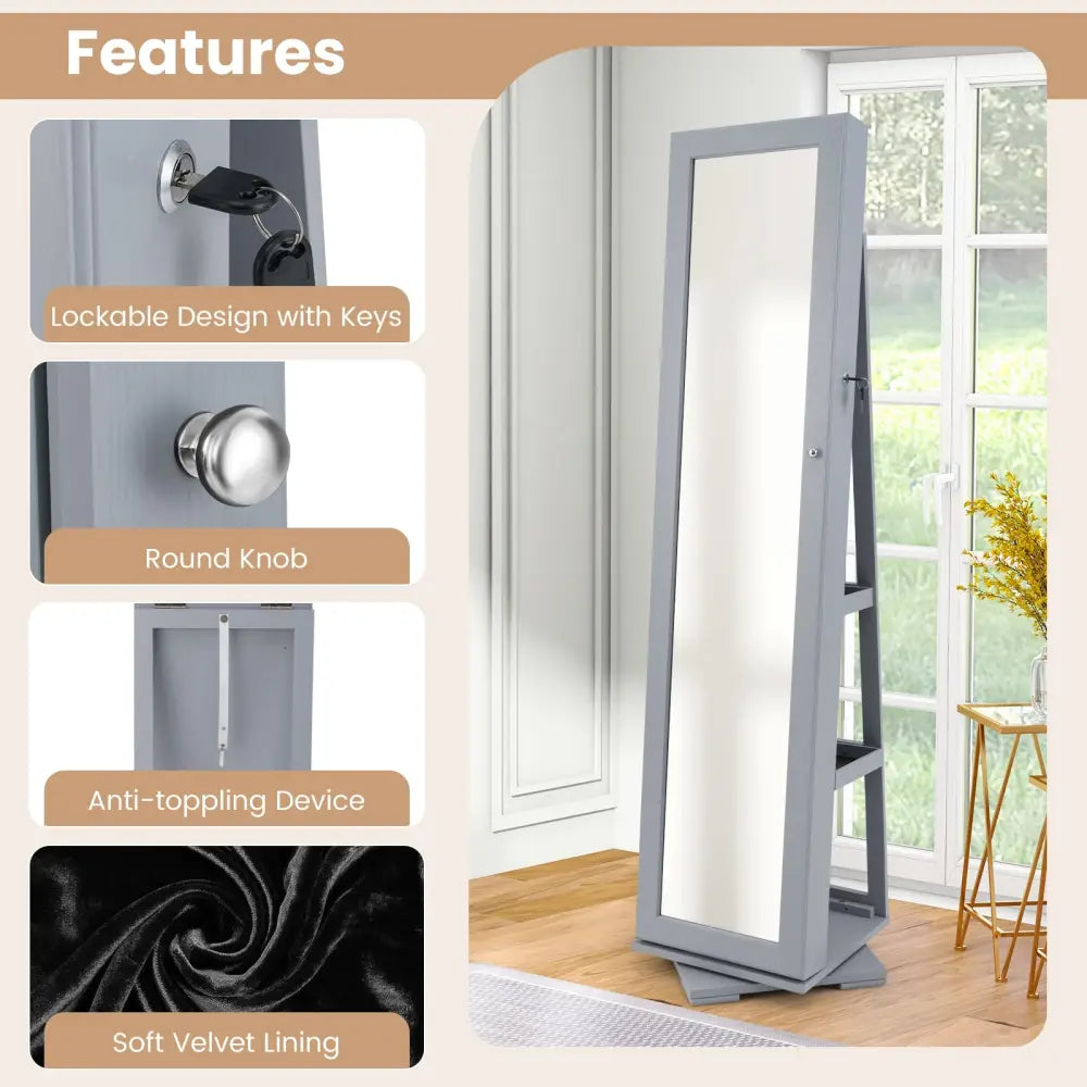 360° Rotatable 2-in-1 Lockable Jewelry Cabinet with Full-Length Mirror-Gray - Gray - Jewelry Armoires